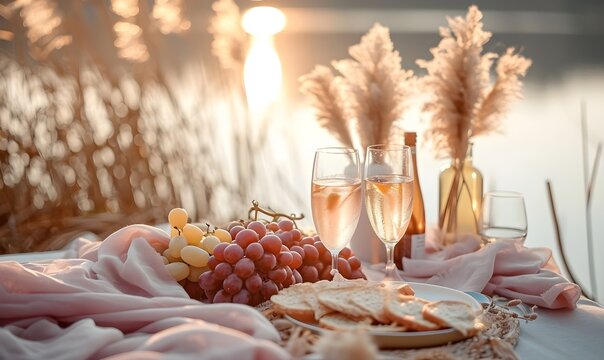 picnic in nature with glasses of wine, romantic dinner, grapefruits, oranges, wine, sunset