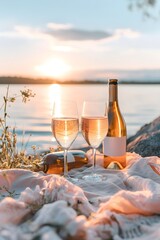 picnic in nature with glasses of wine, romantic dinner, grapefruits, oranges, wine, sunset
