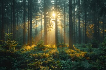 Obraz premium Rays of sunlight break through the dense foliage of an enchanted, mystical forest setting the scene aglow