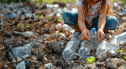 An image showing a child collecting PET bottles for recycling.