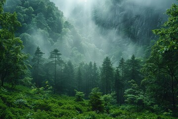 Fototapeta premium A mystical forest enveloped in fog with sun rays peering through dense trees, creating a serene, otherworldly atmosphere