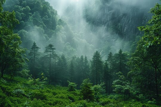 A mystical forest enveloped in fog with sun rays peering through dense trees, creating a serene, otherworldly atmosphere