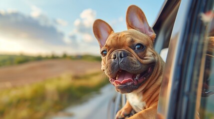 Joyful French Bulldog with Head Out Car Window