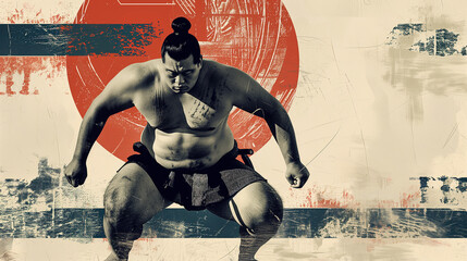 Sumo wrestler ready for combat: sumo wrestler in mawashi stands focused and ready for the match, with a stylized background