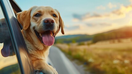 Happy Labrador Retriever Enjoying Road Trip with Head Out Car Window