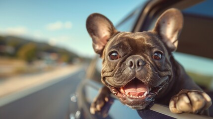 Happy French Bulldog Riding in Car with Head Out Window