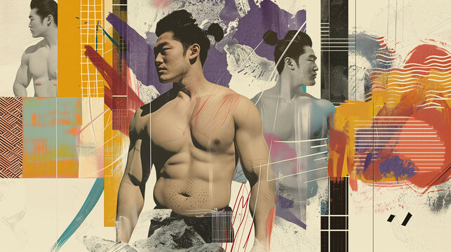 Artistic montage with a fit asian man amidst abstract patterns: contemporary artistic collage of abstract male fitness montage showcasing this asian male model's muscular build and physical strenght