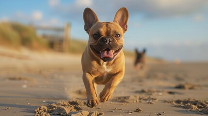 Playful French Bulldog on Sandy Beach