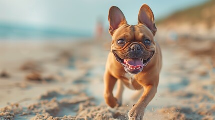 Happy French Bulldog Running on the Beach
