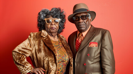 
Two stylish older black individuals pose together against a red background, merging photorealistic portraiture with grandparentcore vibes, accented by a jazzy, fashionable flair 