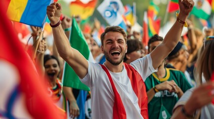 Jubilant Supporter Cheering at International Sports Event - obrazy, fototapety, plakaty