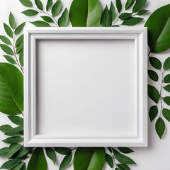 Empty white wooden frame and branches with green leaves on white background with copy space