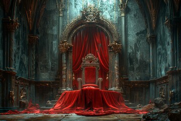 A red luxury chair in a kingdom with a large window behind. King Throne illustration image. Generative AI.