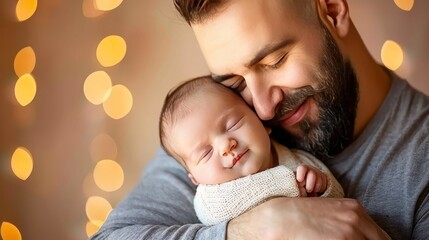 Father cradling newborn baby at home, with a blurred background offering space for text placement.