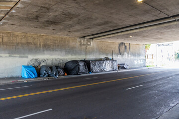 A homeless encampment under a freeway overpass in Los Angeles California USA - obrazy, fototapety, plakaty