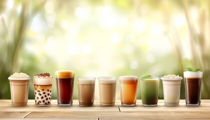 Assorted tapioca bubble teas on blurred coffee shop background with space for text placement