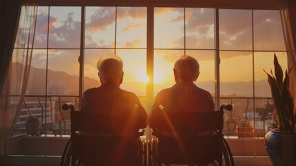 elderly couple sitting in wheelchairs, watching a sunset generative ai