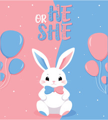 Baby Shower or gender party card.  invitation gender party. Cute bunny and balloons. vector illustration