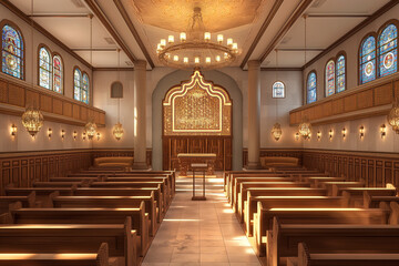 Serene Church's Interior is Bathed in Natural Light from Stained Glass Windows. Jewish religion, synagogue. Pesaj