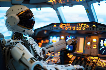 Futuristic Robot Pilot in Cockpit Overseeing Automated Flight Controls - obrazy, fototapety, plakaty