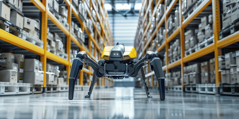Futuristic Robotic Spider Navigating Automated Warehouse Aisle Efficiently