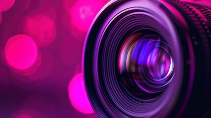 Lens from a professional camera with neon bokeh lights in high resolution and high quality. cameras concept