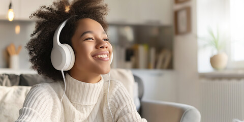 Young Woman Enjoying Music in a Cozy Room with Headphones On