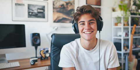 Fototapeta premium Young Man Smiling in Home Office Setup with Headphones and Computer. Concept of online education, e-learning
