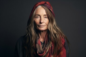 Portrait of a beautiful mature woman with long hair wearing a scarf.