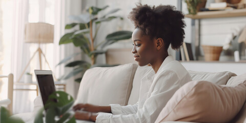Young Woman Using Tablet on Sofa in Cozy Room with Plants. Concept of online education, e-learning