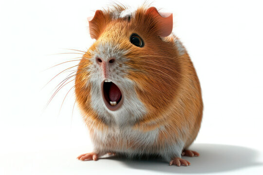 Adorable Fluffy Brown and White Guinea Pig with Open Mouth on White Background