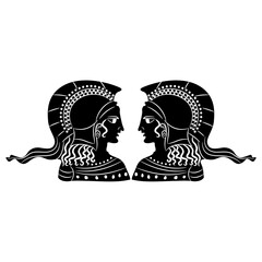 Symmetrical design with two heads of goddess Athena or Minerva wearing helmet in profile. Ethnic Ancient Greek vase painting style. Black and white silhouette.