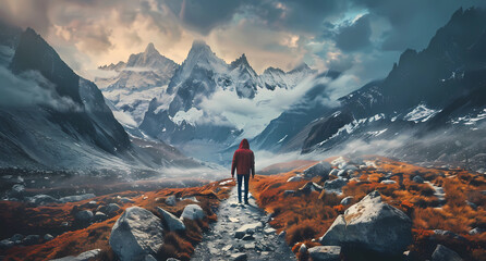 one person walking on a rocks path leading into mountains - obrazy, fototapety, plakaty