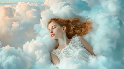 Naklejka premium serene white woman, gracefully resting on a cloud, generative ai