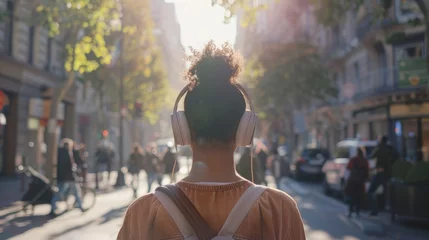 Foto op Aluminium woman walking down a bustling street, headphones in, generative ai © ThisDesign