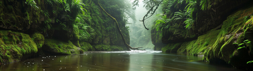 Verdant Solitude: The Secluded Rainforest River - obrazy, fototapety, plakaty