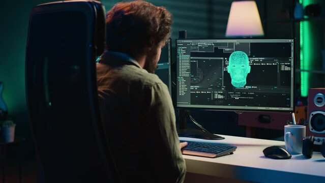 Programmer being asked existential questions by awaken AI gaining consciousness, emulating humans, becoming self aware. Developer speaking with artificial intelligence on PC, camera A