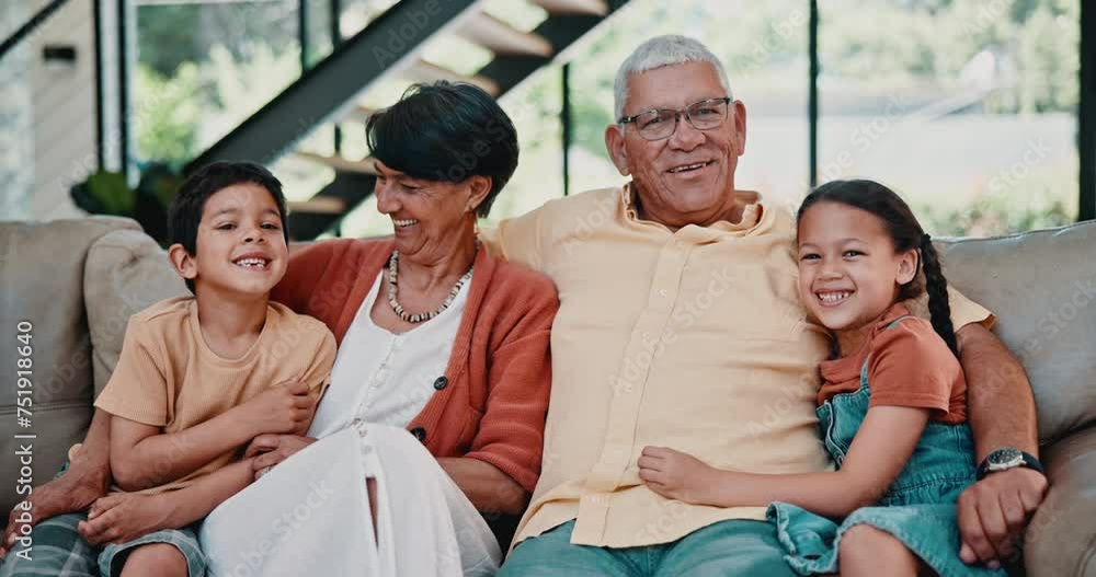 Canvas Prints Happy kids, hug or portrait of grandparents laughing with smile, care or love or support in family home. Elderly grandma, sofa or children siblings on couch with grandfather to relax in retirement