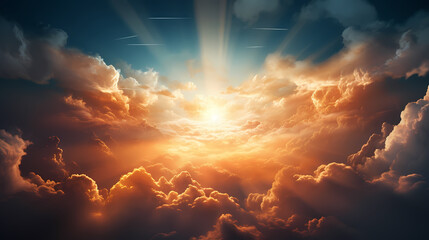Surreal cloudscape with sun rays breaking through the clouds - obrazy, fototapety, plakaty