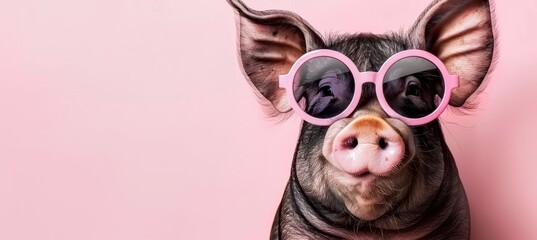 Fashionable pig with sunglasses on pastel background, isolated with space for text.