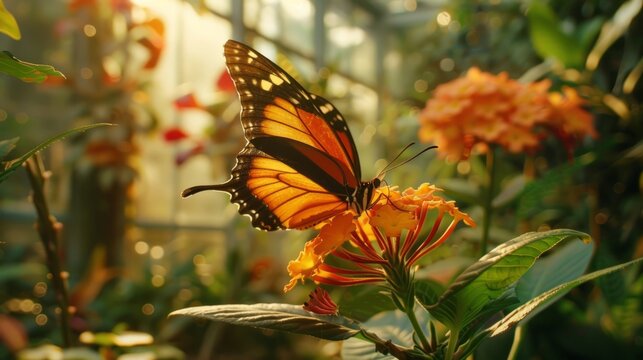butterfly flying near a flower in a garden generative ai