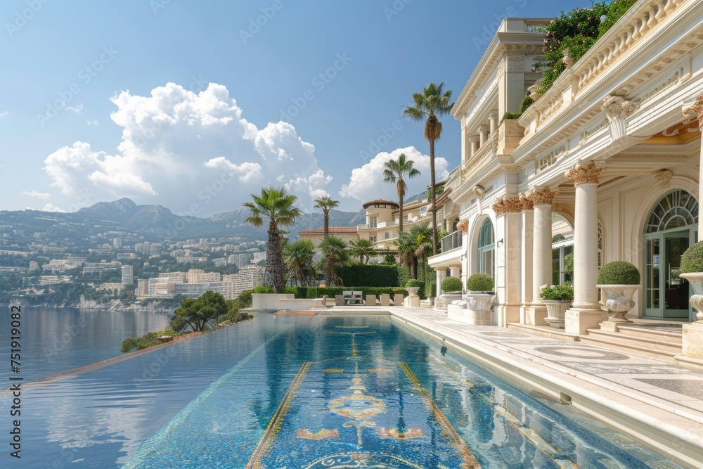 Poster a large pool with a beautiful mosaic floor and a view of the ocean