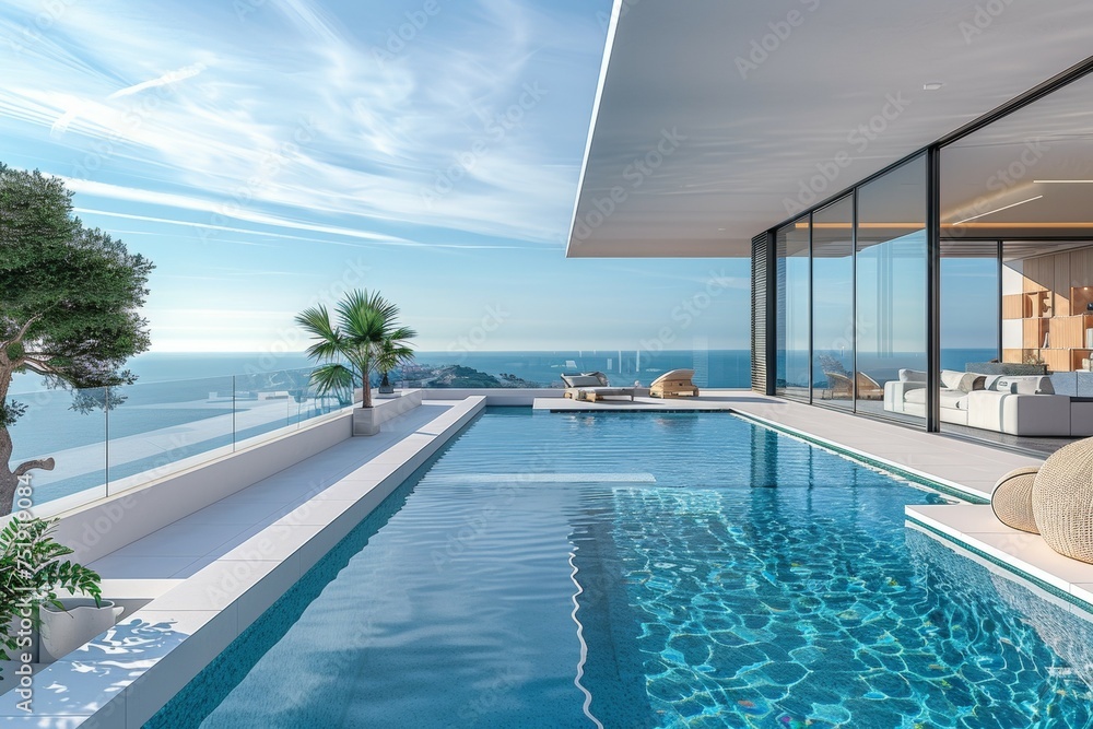 Poster a large pool with a view of the ocean
