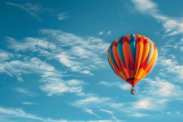 A hot air balloon is flying high in the sky above a blue and white cloudless sky