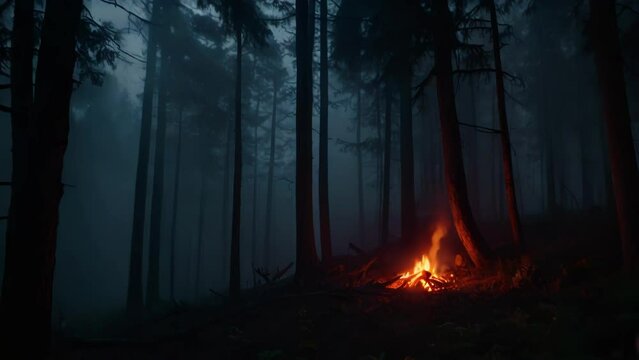 Mystical Forest Blaze: A mesmerizing blend of fog, trees, and fire in the enchanting woods, capturing the essence of nature's dance between light and dark on a misty autumn morning