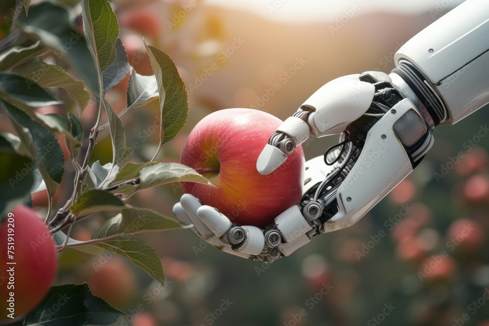 Aufkleber a robot hand works on a modern farm. background with selective focus and copy space