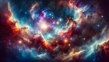 Breathtaking depiction of deep space, showcasing vibrant nebulas, distant stars, and the vast beauty of the cosmos. - obrazy, fototapety, plakaty