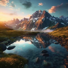 Fototapeta na wymiar Serene Mountain Landscape: Clear Lake Reflection 