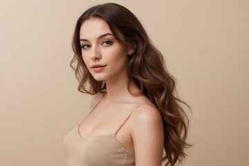 Fototapeta premium Beautiful young woman with wavy hair on a beige background with copy space. Beautiful woman with pretty skin. Skin Care Concept.