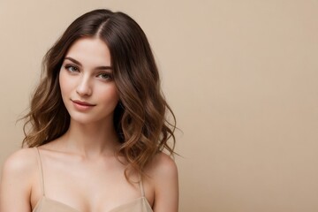 Naklejka premium Beautiful young woman with wavy hair on a beige background with copy space. Beautiful woman with pretty skin. Skin Care Concept.